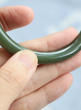 保真天然和田玉手镯64圈口证5292930和田玉青绿色 青海黄口料圆条