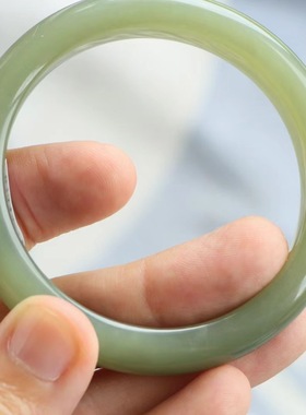 保真天然和田玉手镯53圈口证书编号6061344和田玉湖绿色 青海料