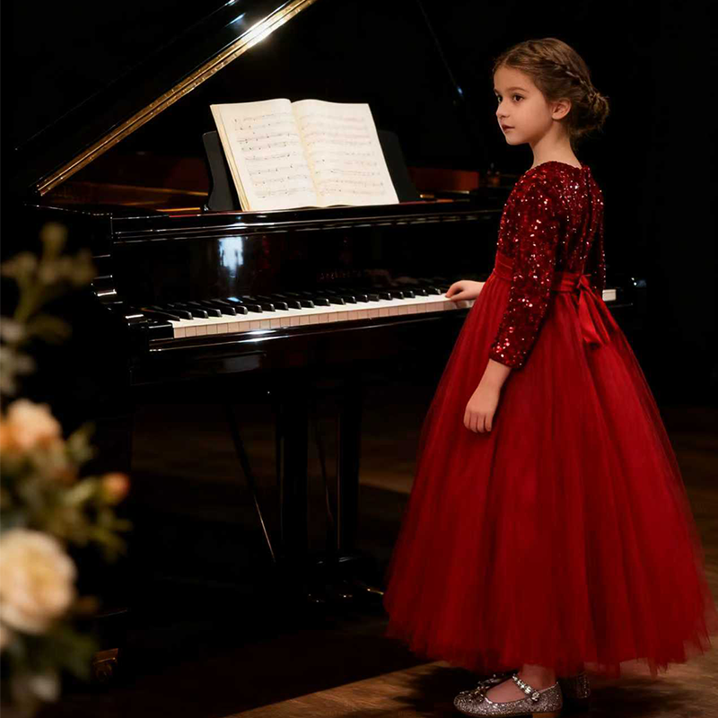女童长袖礼服红色亮片轻奢洋服气公主裙圣诞新年生日主持钢琴演出,淘宝优惠券,粉丝福利购,淘宝优惠卷