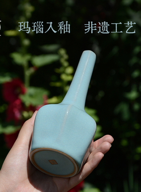国大师张玉凤天青釉汝瓷花瓶摆件