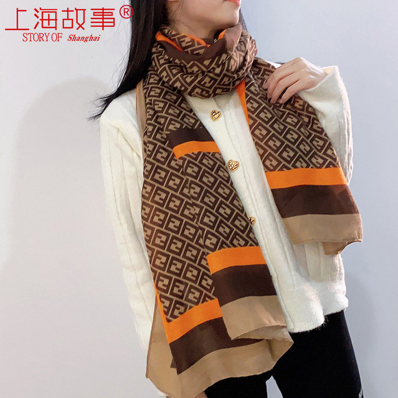 上海故事咖啡色棉麻春秋亚麻纱巾 轻罗服饰配件围巾/丝巾/披肩