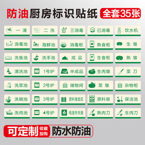厨房标识贴纸全套一清二洗三消毒标识牌酒店餐饮厨房防油料调区4d管理卡标识牌生熟分类水池标签定做 - 图0