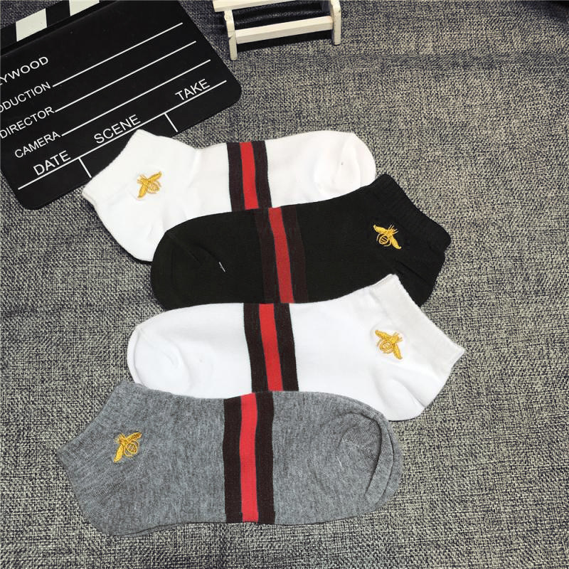 秋冬新款条纹短袜纯棉小蜜蜂刺绣袜子男女低帮短筒防臭透气袜子潮,淘宝优惠券,粉丝福利购,淘宝优惠卷