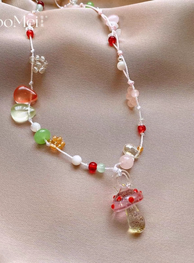 春日彩色多巴胺蘑菇琉璃串珠项链女清新甜美度假风颈链精致锁骨链