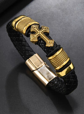 欧美黑武士十字架手链男士皮绳编织手绳钛钢潮人霸气送男友礼物酷