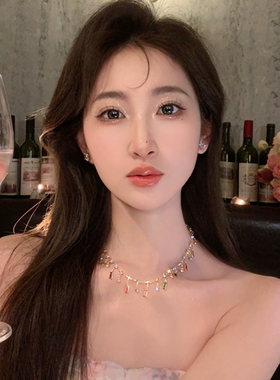 彩色水晶精致流苏项链女轻奢