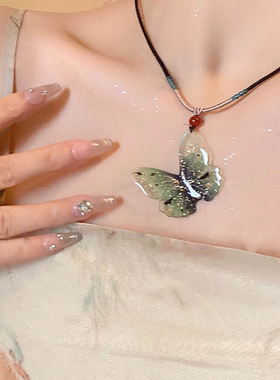 蓝绿撞色蝴蝶编织绳项链女