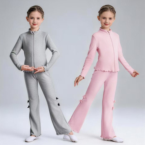 儿童保暖套装女童练功服瑜伽运动服立领拉链开衫长裤蝴蝶结两件套 - 图0