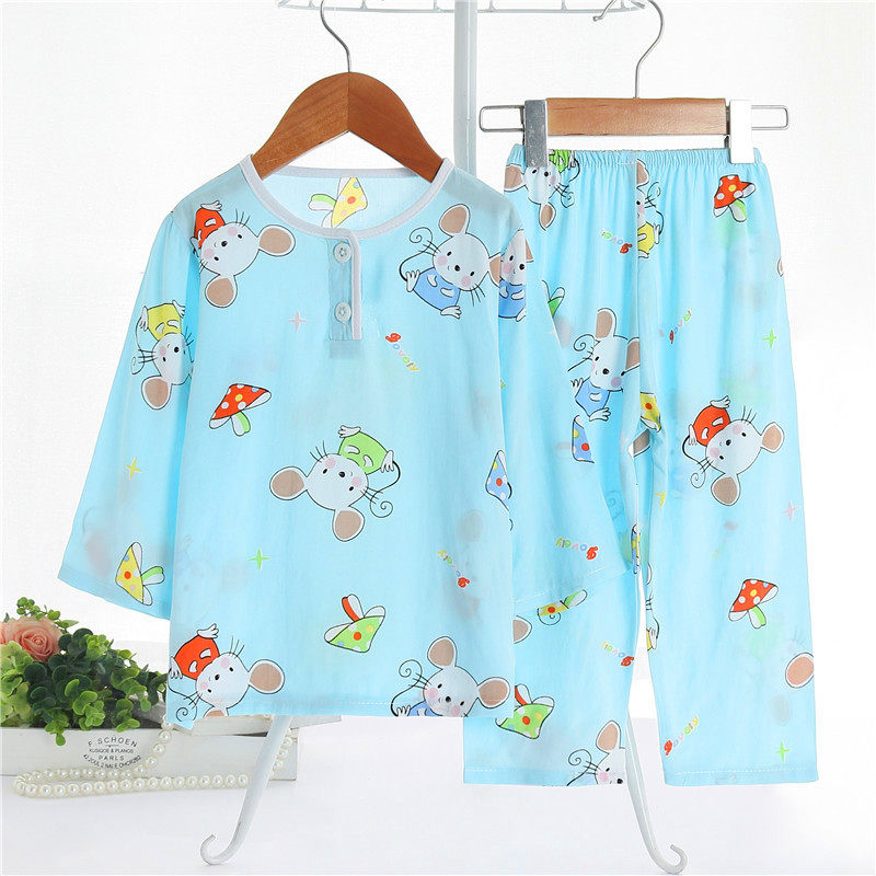 夏季棉绸小孩睡衣套装纯棉家居服 欧比熊家居服套装