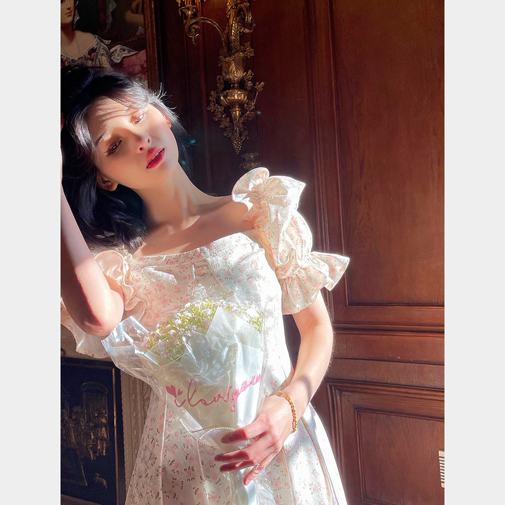 DAC 2024春夏新款法式复古宫廷风印花连衣裙方领泡泡袖A字长裙女,淘宝优惠券,粉丝福利购,淘宝优惠卷