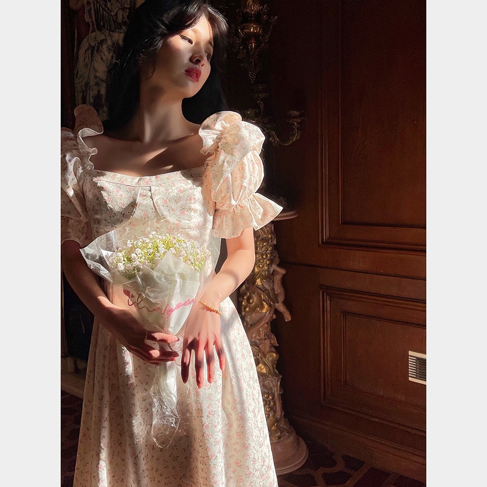 DAC 2024春夏新款法式复古宫廷风印花连衣裙方领泡泡袖A字长裙女,淘宝优惠券,粉丝福利购,淘宝优惠卷