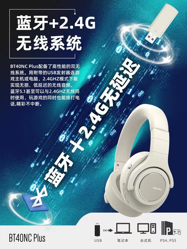 abingo降噪耳机BT40NC2.4g无线零延迟带360全景音效学习娱乐游戏 - 图2