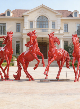 户外美陈红色玻璃钢骏马雕塑摆件