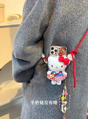 正版hellokitty毛绒挂件可爱春日红格子裙手机背夹斜挎送闺蜜礼物