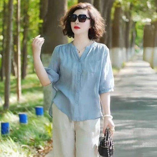 2025夏季新款中年妈妈棉麻苎麻上衣亚麻阔腿裤两件套洋气减龄套装 - 图3