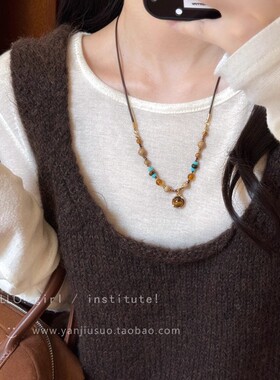 复古美拉德圆环虎眼石串珠项链女轻奢小众高级感毛衣链配饰颈链