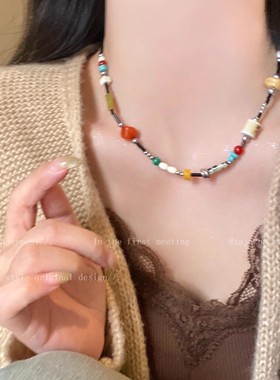 新中式复古天然石串珠项链女民族风彩色锁骨链多巴胺木质颈链配饰