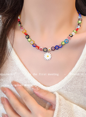 雏菊吊坠琉璃珠花朵项链日系潮手工女嘻哈彩色串珠锁骨链义乌配饰