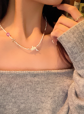 甜美可爱串珠项链女小众高级感彩色锁骨链时尚百搭个性配饰品批发