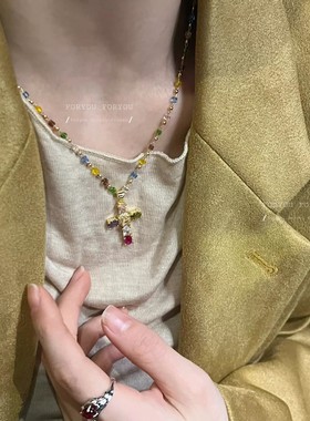多巴胺彩色锆石十字架项链复古甜酷风小众设计个性超闪锁骨链女