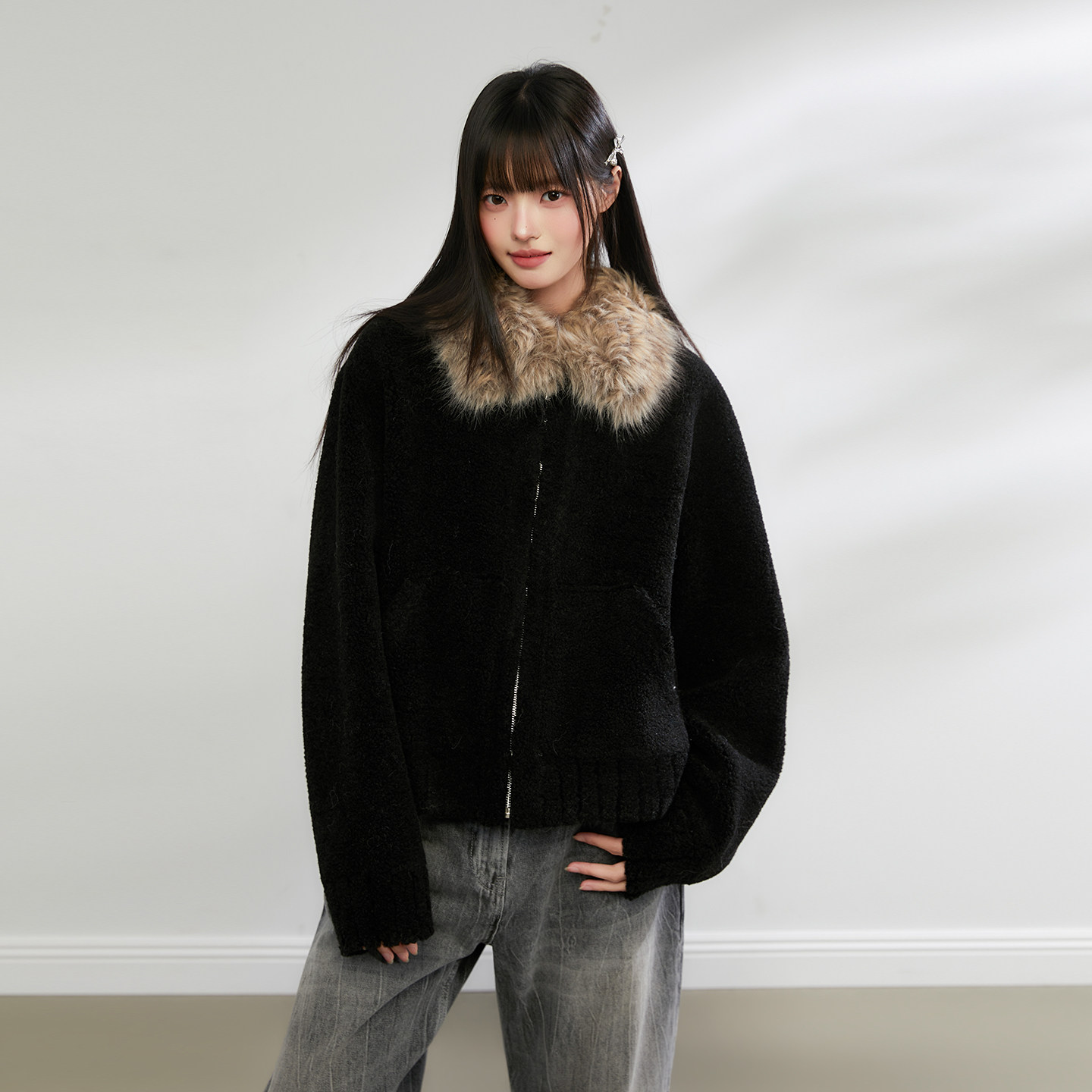 King Prince羊羔毛拼接大毛领保暖外套女2025冬季新款短款上衣,淘宝优惠券,粉丝福利购,淘宝优惠卷