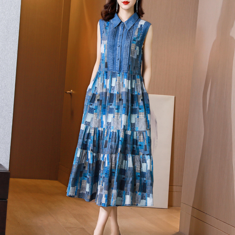 2024夏天薄款印花高端文艺简棉麻连衣裙女夏亚麻无袖拼接牛仔长裙