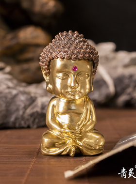 青炙铜嵌银掌心佛定心神小摆件