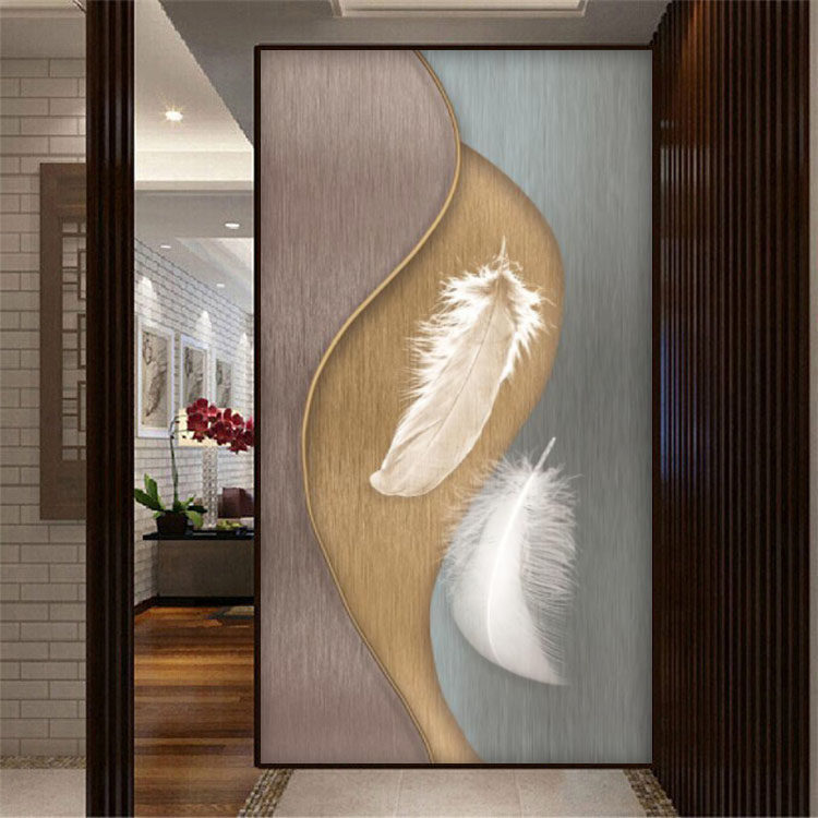入户玄关装饰画大气北欧羽毛进门墙壁纸走廊过道楼梯墙纸竖版壁画