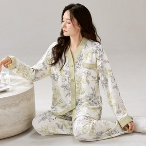 芬腾休秋冬季长袖长裤和服纽扣带胸垫纯棉可外穿家居服睡衣套装