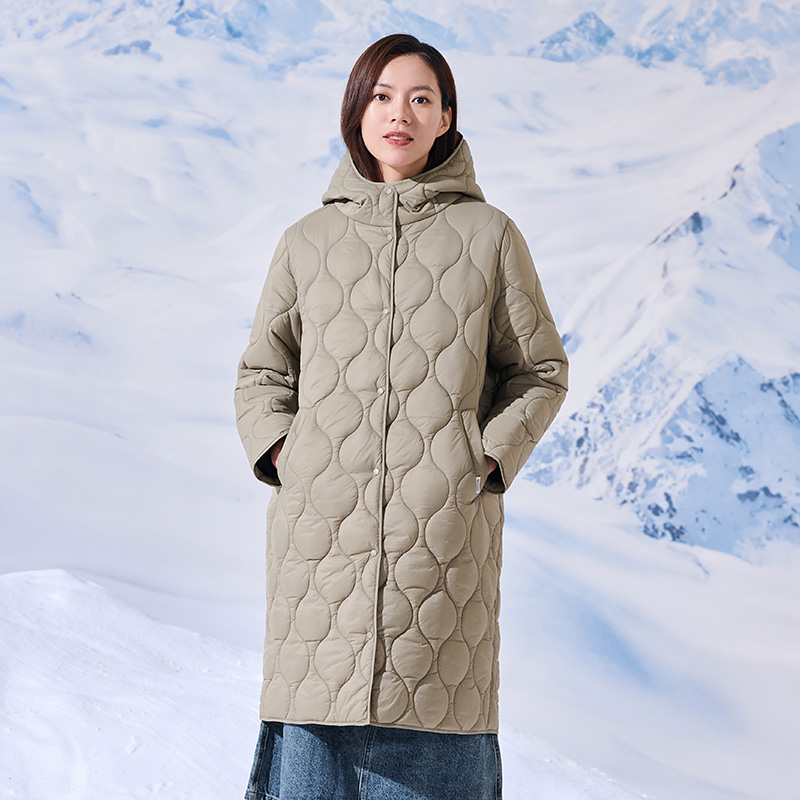 outdoor products秋冬户外长款超轻棉服连帽简约保暖外套菱形格 - 图2
