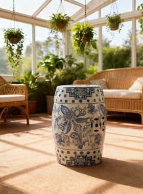 中式青花瓷鼓形坐凳装饰摆件