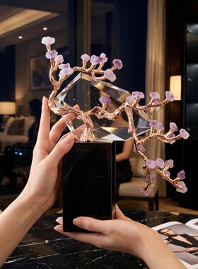 现代轻奢紫花飞鸟树枝桌面摆件