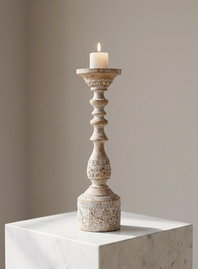 复古轻奢木质雕花烛台摆件