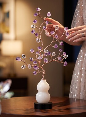 现代轻奢紫花天鹅葫芦瓶摆件