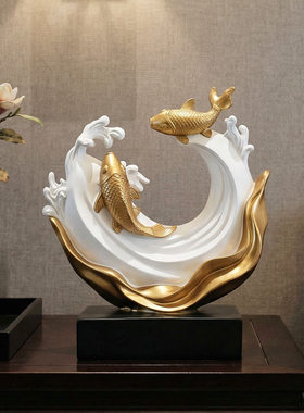 现代轻奢锦鲤浪花树脂摆件