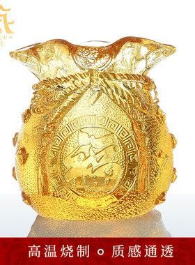 藏村琉璃聚宝盆招财进宝福袋摆件