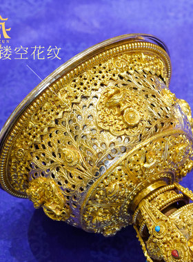 藏村铜鎏金八吉祥苏油灯灯座摆件