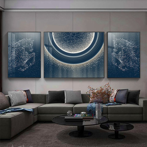 客厅现代轻奢高级感装饰画大气沙发背景墙挂画马到成功三联画壁画 - 图0