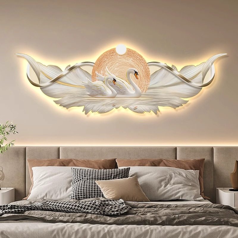 壁灯天鹅床头画卧室装饰画轻奢高级感客厅挂画主卧羽毛灯光画壁画,淘宝优惠券,粉丝福利购,淘宝优惠卷