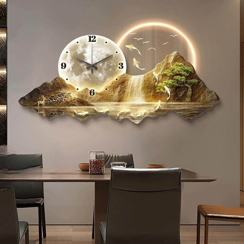 日照金山餐厅钟表装饰画创意时钟挂墙饭厅餐桌挂画轻奢客厅挂钟画,淘宝优惠券,粉丝福利购,淘宝优惠卷