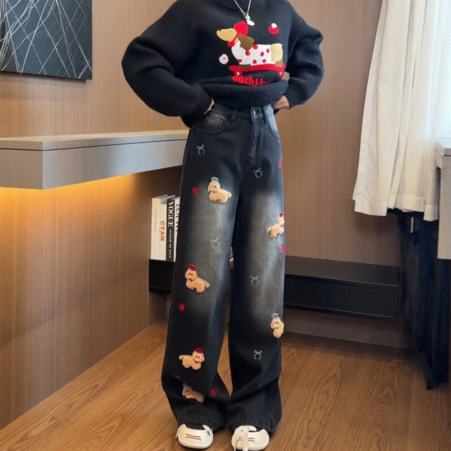 圣诞刺绣小狗牛仔裤女今年冬季大码加厚女裤新款宽松好看直筒裤子,淘宝优惠券,粉丝福利购,淘宝优惠卷