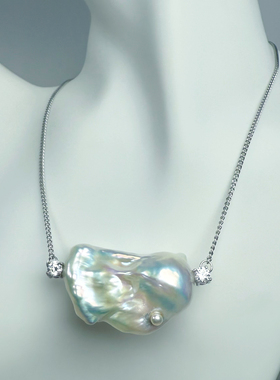 一物一拍巨无霸37mm超大鱼尾银蓝光极光冷白大巴天然珍珠项链吊坠