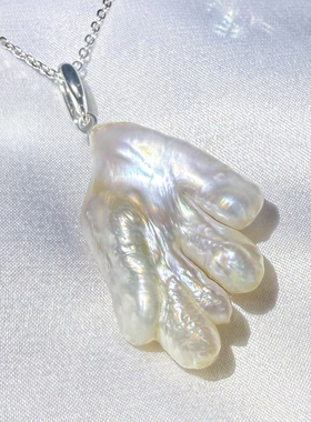 一物一拍巨大极光冷白银蓝光招财手稀缺无核巴洛克天然珍珠吊坠