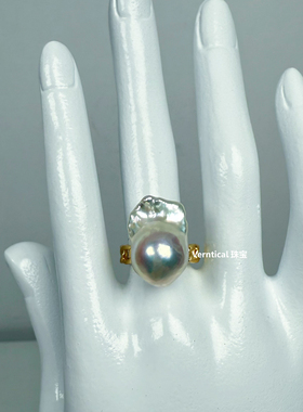灯泡极强光无瑕冷白皮蓝绿粉光纯天然淡水大巴洛克珍珠戒指可调节