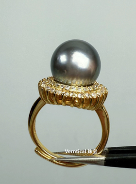 巨大11mm正圆铂金灰纯天然海水大溪地黑珍珠925纯银戒指可调节