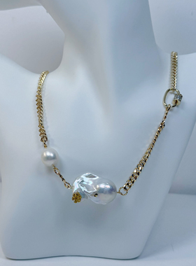 小众设计款镜面极光冷白大巴洛克纯天然淡水珍珠项链