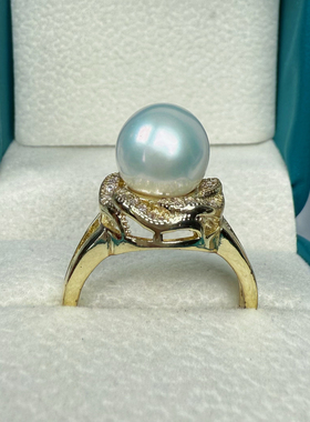 正圆蓝光无瑕天然淡水珍珠戒指复古宫廷小香风活口可调节