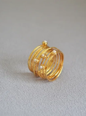 鸟巢锤复古纹理戒指缠绕珍珠打镶钻女法式绕线超美食指戒手工多层