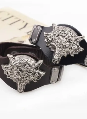 琦诺朋克风饰品狼图腾手镯真皮手链造型复古个性动物铆钉潮男