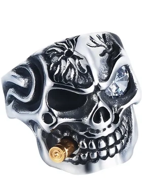 戒指镶钻首饰万圣节雪茄复古烟斗骷髅头指环欧美骷髅男士独眼龙